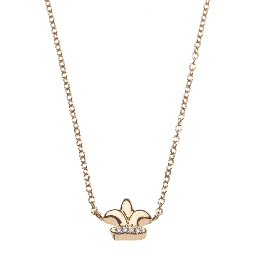 Mini Fleur-de-lis 14K gold necklace with diamonds.